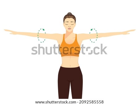 Close up of Woman doing exercise with arm circle posture for warm up. Rotation arms help to prevent injuries and prepare your body for strength training.