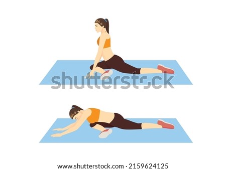 Women doing Pigeon glute stretch pose for backstretch exercise in 2 steps. Illustration about workout diagram for warm up and cool down for muscles stretch.