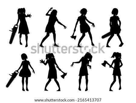 Collection of Zombie is girl with an ax and electric saw while standing and reaching hand action in Silhouette style. Collection of silhouette Zombie for Halloween theme.