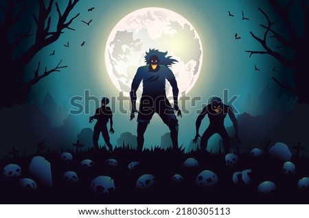 Zombies standing in the graveyard with gravestones and many skulls on the floor. Full moon blue sky and dead tree background.