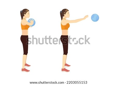 Woman doing Medicine Ball Chest Pass exercise by throwing the ball straight and forward against the wall and Catching the ball as it bounces back.