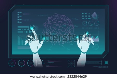 AI robot hand touching and pressing a hologram button on the screen display with a visual interface. Concept illustration about auto working with artificial intelligence.