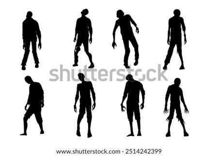 Zombie standing and walking actions in Silhouette style collection. People resurrected from the dead isolated on white.