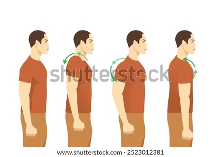 Man doing rotation shoulder exercise backward in 4 steps. Illustration about exercise for reduce and prevent office syndrome and neck pain.