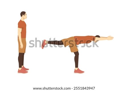 Man doing Exercise guide by Single Leg Reach in 2 step. Illustration about workout posture.