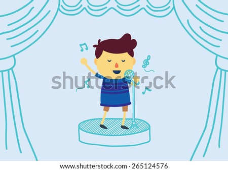 Boy Cartoon Sings A Song With Microphone On Draw Stage Have Curtain ...