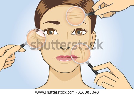 A magnifier on hand magnifying the woman facial to finding wrinkle around her face area.