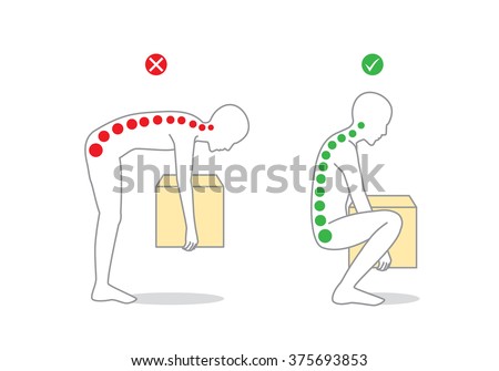 Proper posture to lift a heavy object safely. Illustration about health care.