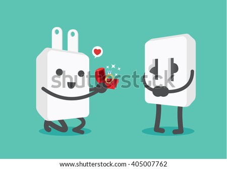 Plug kneeling and propose marriage to socket with diamond ring in red box. This illustration about electric equipment and romantic story