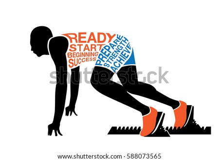 Silhouette runner in ready posture to sprint out for start with sitting on ground.