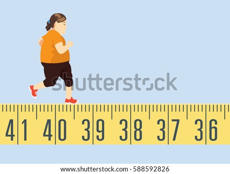 Fat woman jogging on tape measure for lose weight. This is exercise concept.