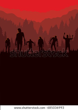 Silhouette of Zombie horde was exiting out of the graveyard at night. Ideal for Halloween theme poster and other. Stock fotó © 
