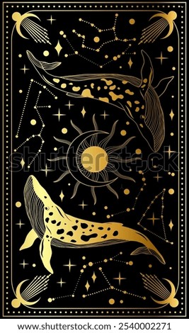 Elegant cosmic design featuring two whales, celestial bodies, and constellations against a contrasting black background full of gold accents