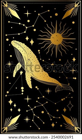 A magnificent whale swims through a cosmic ocean of stars under the shimmering sun in this artistic celestial design