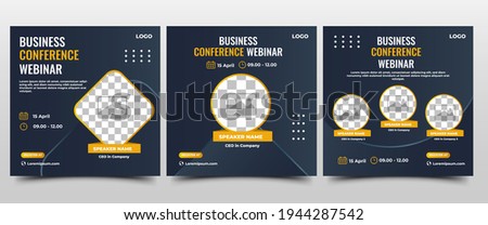 Collection of Webinar social media post. Modern banner with dark blue background and yellow accents. Suitable for business webinar, conference announcements, and online seminar. Vector design isolated