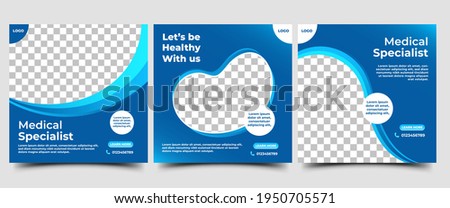 Set of Medical square banner design template. Modern banner with blue wave frame and place for the photo. Suitable for social media post, banners, signs, flyers, and websites.