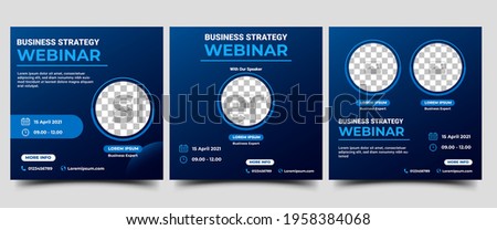 Webinar Social Media post template. Modern banner with abstract gradient blue background. Vector design with place for the photo. Suitable for social media post, banners, flyers, and website.	
