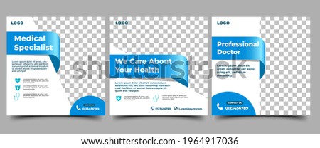 Medical social media post template. Modern banner design with blue color ribbon decoration and place for the photo. Suitable for social media, websites, flyers, and banners.