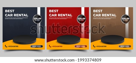 Car rental promotion social media post template. Modern square banner with black, red, and brown color background.