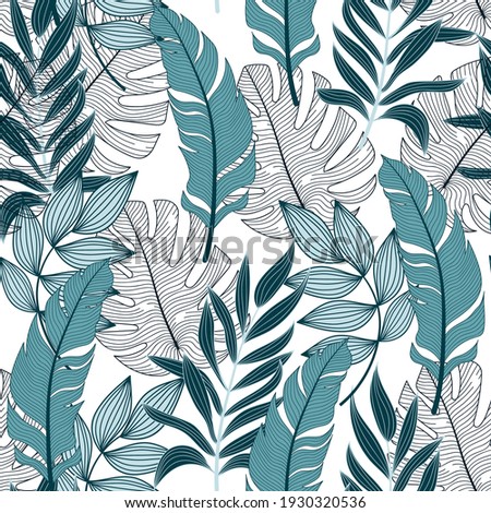 Tropical pattern with trendy plants and leaves on a delicate background. Beautiful exotic plants.  Exotic jungle wallpaper. Vintage pattern.