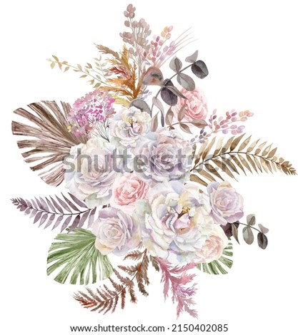 Bouquet of white roses and tropical dried flowers in boho style painted in watercolor isolated on white background for wall and postcard design Imagine de stoc © 