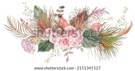Watercolor horizontal illustration with a bouquet of flowers from light roses and dried flowers of pampas grass and palm leaves for postcards in boho style Imagine de stoc © 