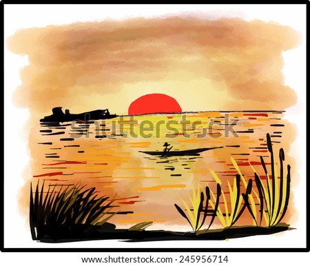 water color landscape view oarsman and boat in sunset vector