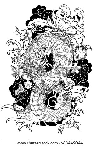 hand drawn Dragon tattoo ,coloring book japanese style