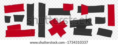 Black and red duct tape set. Torn tape. Vector realistic wrinkled stripes and cross glued sticky adhesive masking tape pieces. Isolated on transparent background