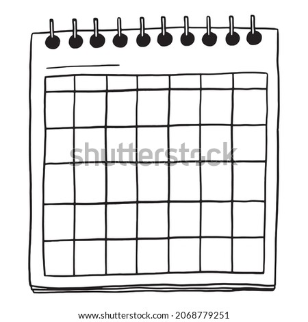 Wall calendar blank template in doodle style. Clip art for planning, diary, sticker. Hand drawn vector design element. Black ink contour drawing isolated on white background. Retro sketch style.
