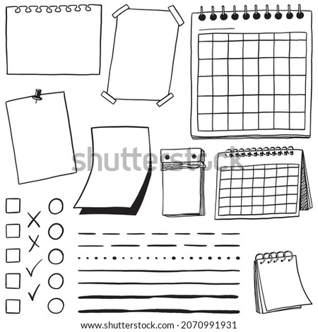 Calendars, memo pages, underlines, check marks paper blanks template in doodle style. Set of cliparts for daily planning, diary. Hand drawn vector graphic elements. Black drawing isolated on white.