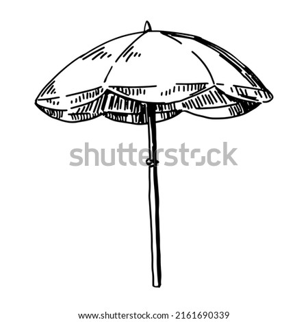 Beach umbrella sketch clipart. Summer leisure vacation attribute doodle isolated on white. Hand drawn vector illustration in engraving style.