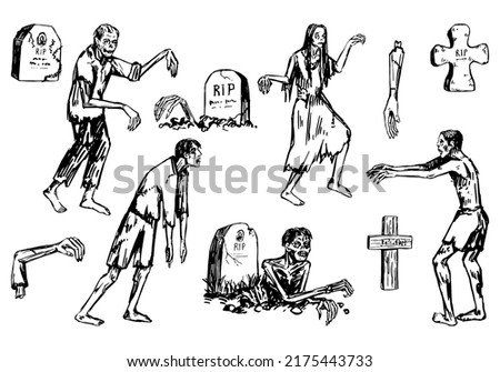 Zombies and tombstones set, walking dead people, crawling out of graves. Halloween hand drawn vector illustration in retro style. Scary monsters sketches collection isolated on white.