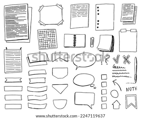 Set of cliparts for daily planning. Memo pages, speech bubbles, check marks, bookmark stickers, paper blanks template in doodle style. Hand drawn vector elements isolated on white.