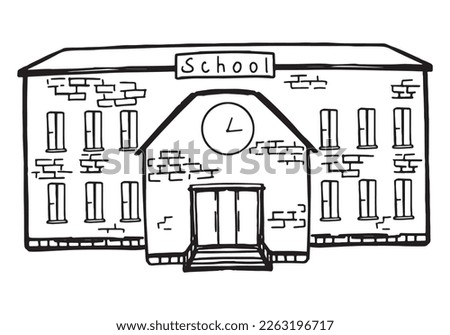 School building front sketch. Back to school outline clipart. Hand drawn vector illustration isolated on white..