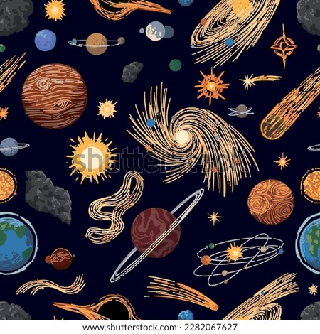 Abstract cosmic space seamless pattern. Ornament of planets, stars, comets, asteroids, galaxies. Hand drawn colorful vector illustrations..
