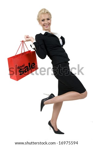 happy lady with shopping bag on isolated background