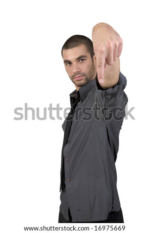 high tech man pointing downwards on white background