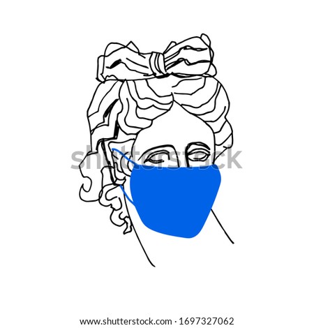Vector Greek goddess Apollo in a mask into self-isolation.Quarantine illustration of ancient Greek woman protection against coronovirus.Design for web,posters,social networks,packaging,banners.