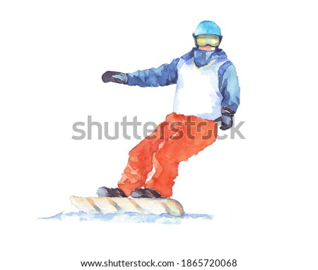Snowboarder hand drawn. Sportsman in watercolor isolated on a white background. Winter sports illustration. Extreme sports watercolor drawing. Snowboard and skiing watercolors