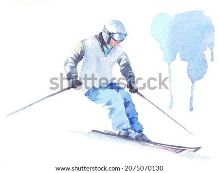 Skier hand drawn watercolor painting. Sportsman on skies isolated on a white background. Winter sports illustration. Extreme sports watercolor drawing. Snowboarder and skier watercolors