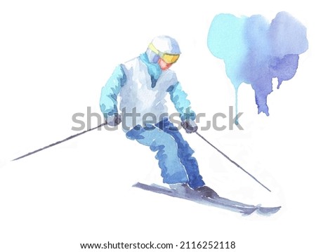 Extreme sports watercolor drawing. Sportsman on skies isolated on a white background. Winter sports illustration. Skier hand drawn watercolor painting. Snowboarder and skier watercolors