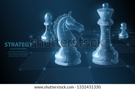 Illustration of a chess game in the foreground a knight and queen in the back pawn and an bishop. Symbol of strategy, tactics, calculation of the actions of the enemy, in the game of sports or busines