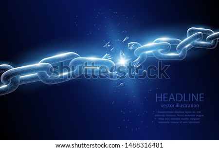 Vector illustration of a broken chain concept on a deep blue background: the end of a chain of events, partnerships, friendship, or relationships, the end of the old, liberation, from shackles.