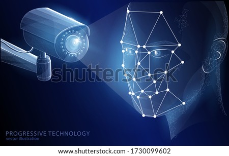 

Vector polygonal illustration of a video camera concept with software determining faces, on a deep blue background, a symbol of technology, development and training of artificial intelligence.
