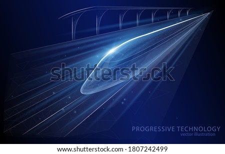 
Futuristic high-speed train passing by the station, on a dark blue background, vector concept illustration, symbol of logistics, transport, technology.