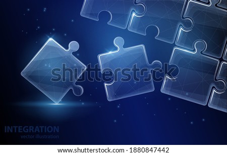 
Low poly concept illustration of assembled puzzle on dark blue background, symbol of unification integration.