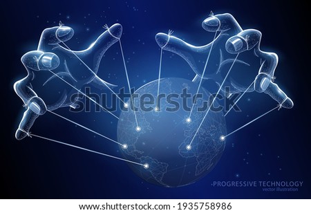 
Polygonal vector 3d illustration of hands governing our entire planet like a puppet, on a blue background, a symbol of business, finance and
  conspiracy theories.