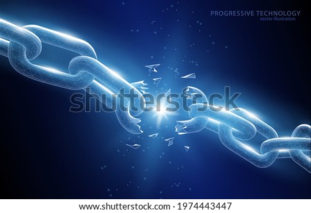 
Vector polygonal illustration of a broken chain on a dark blue background: the end of a chain of events, partnership, friendship or relationship, the end of the old, liberation from the shackles.