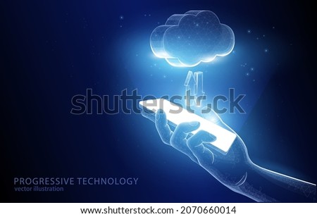 

Vector concept illustration of a hand holding a smartphone on a 3d hologram showing cloud data storage, on a dark blue background, a symbol of internet technologies data.